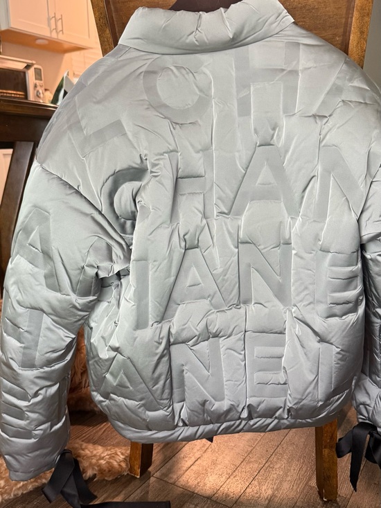 CHANEL Jackets & Blazers - CHANEL Light Gray Quilted Logo Puffer Jacket